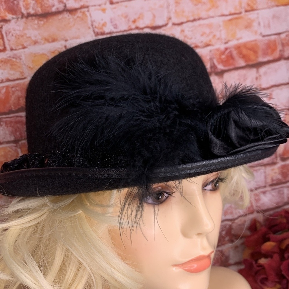 Black Felt Feather and Rhinestone Glam Costume Bowler Hat - Picture 6 of 10